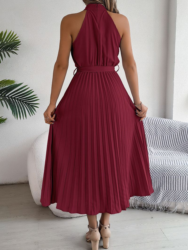 Elegantes, ärmelloses Maxikleid mit hohem Halsausschnitt und plissierter Taille für Damen im Sommer – Atmungsaktive Polyestermischung, fließender A-Linien-Rock_voghion.com