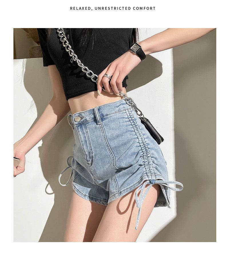 Strap drawstring denim shorts for women in summer, niche design with high waist slimming effect. Spicy girls have a_voghion.com