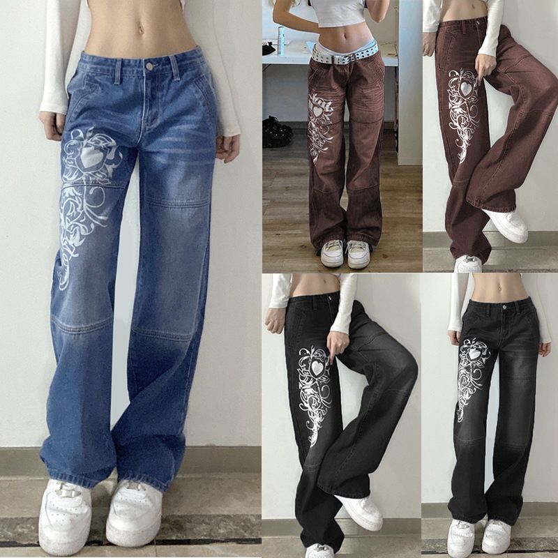 2024 Trendy bedruckte neue lockere Jeans mit weitem Bein für Damen_voghion.com