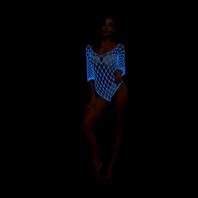 2025d Sexy Dessous Night Glow Blue Light Mesh Bodysuit Leuchtende Strümpfe Dreipunkt-Bikini Langarm Yg494_voghion.com