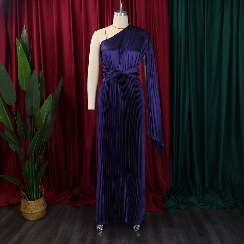 women's clothing new one-shoulder pleated long skirt oblique collar waist dress _voghion.com