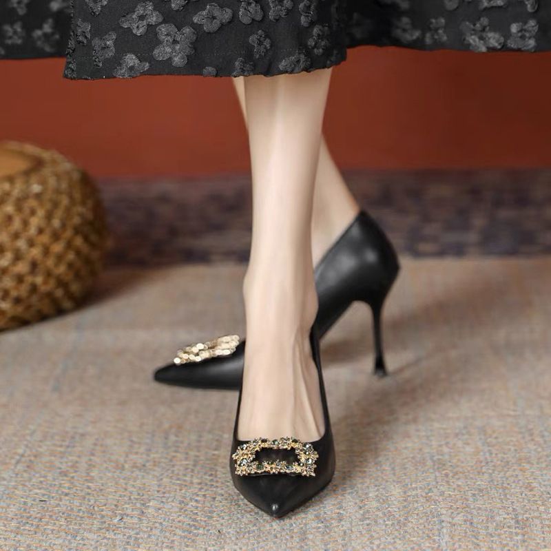 Black High-heeled New Plus Size Women's Shoes, Not Tiring For Feet. 3cm 5cm Rhinestone French Pointed Work Order Shoes_voghion.com