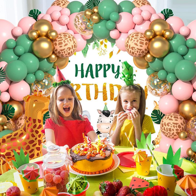 Tema giungla retrò verde rosa palloncino in lattice catena ghirlanda arco decorazione festa di compleanno per bambini scena layout_voghion.com