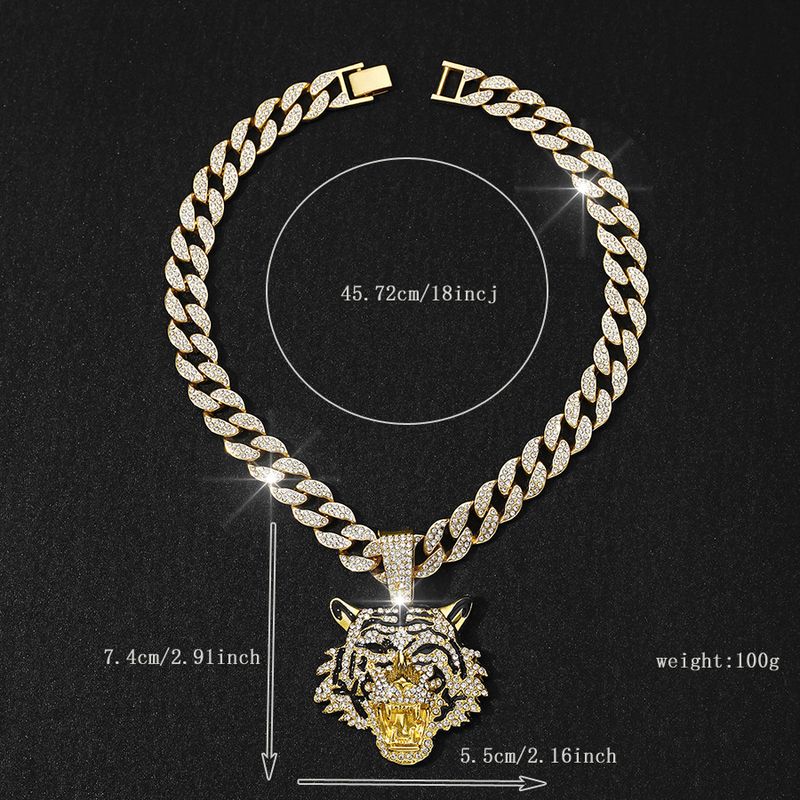Colier cu pandantiv cu tigru hip hop 3D cu lanț cubanez de cristal de 13 mm, coliere cu gheață hip hop cu gheață, bărbați, femei, bijuterii cu farmec de modă_voghion.com