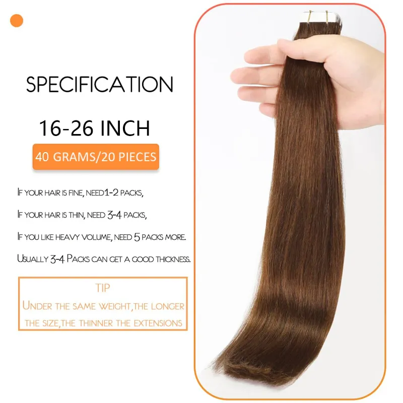 Extensiones de cabello humano con cinta adhesiva n.° 4, liso, Remy, sin costuras, trama de piel invisible, 20 unidades, 16 a 26 pulgadas_voghion.com