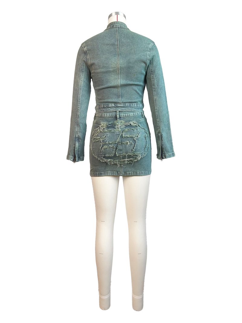 Abito da donna in denim elasticizzato con toppa digitale ricamata, completo due pezzi_voghion.com
