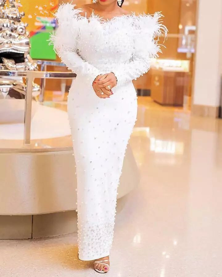 Einteiliges Kleid für Damen, elegantes, einteiliges Kleid mit Blasenperlen und Federperlen_voghion.com