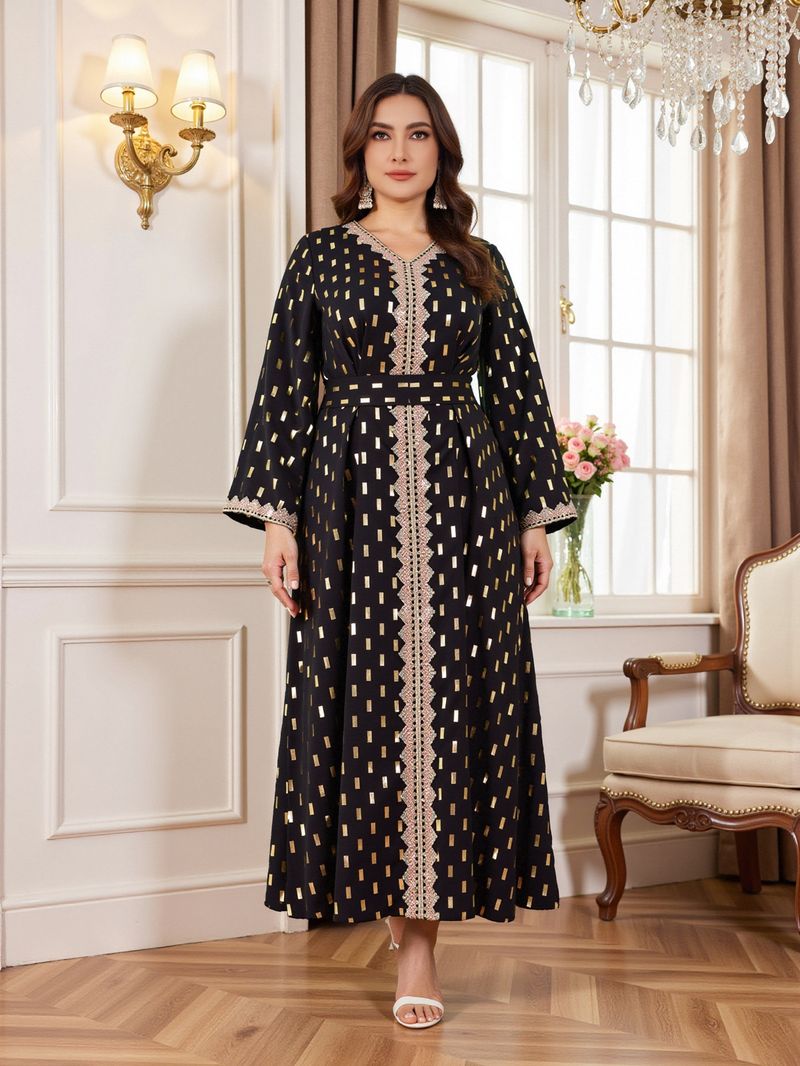Abbigliamento da donna, taglie forti, abito musulmano Abaya con stampa oro_voghion.com