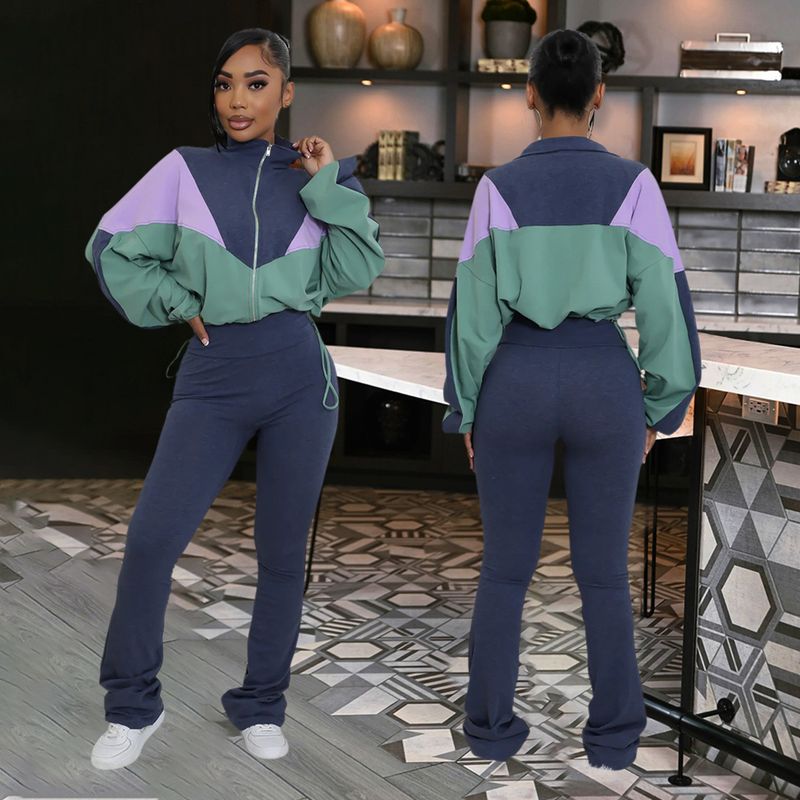Damemode Langærmet Løs Top Med Slanke Blyantbukser Splicing Color Casual Wear Todelt Sæt_voghion.com