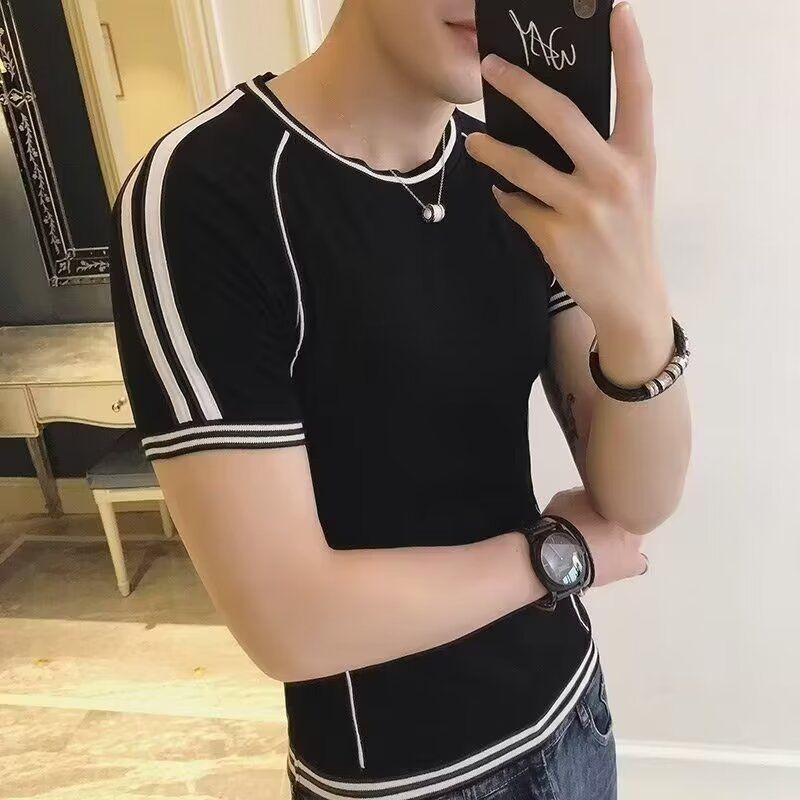 Herrenbekleidung Sense Ribbon Line Farblich passender Kurzarmpullover Herren Sommer Trendy Brand Inner Strickpullover Herren Dünnes Basishemd_voghion.com