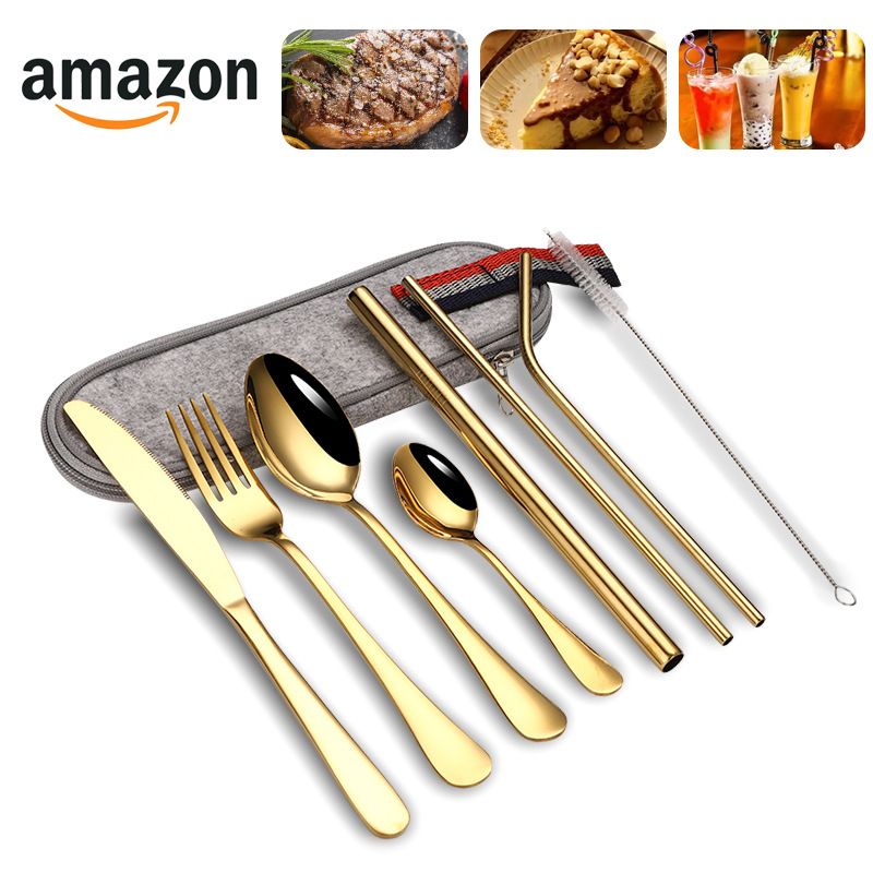 Outdoor portable stainless steel fork, spoon, straw set of 9 pieces, Western style steak knife, zipper ba, tableware_voghion.com