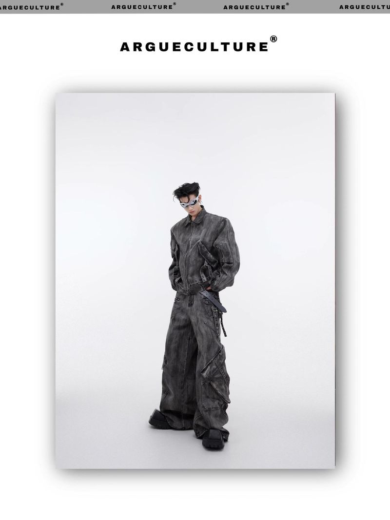 Nischen-Vintage-Denim-Anzugjacke, Mantel, Ödland-Reißverschluss, große Tasche, Cargohose, Trend 2024_voghion.com