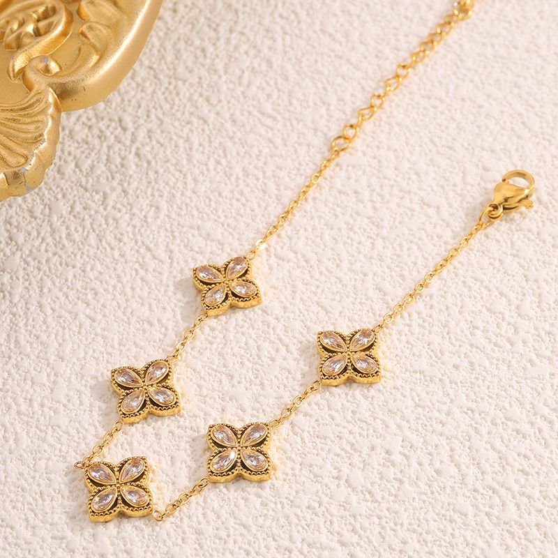 Diamantarmband Damenarmbänder Gold Titanstahlarmband Neue Mode Zirkon Glück für Frauen Hohe Version Nische Vierblättriges Kleeblattarmband Hell L_voghion.com