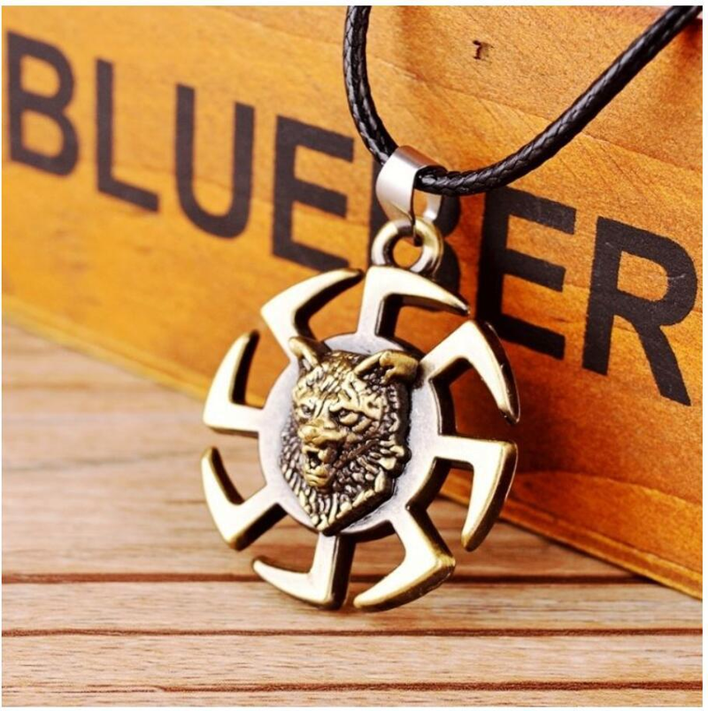 Men Wolf Head Viking Black Rope Pendant Necklaces for Women Steel Wheel Pendant Amulet Metal Jewelry Unisex_voghion.com