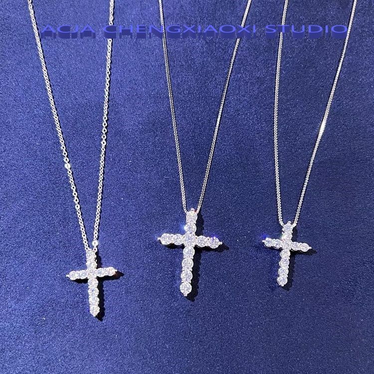 Collana unisex con croce tempestata di diamanti, ciondolo in argento puro con diamanti, catena alla moda hip-hop americana_voghion.com