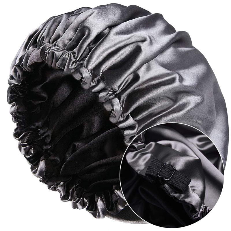 Berretto da notte in seta da donna, berretto nero in raso riccio, fibbia giapponese, regolabile, traspirante, caldo, rotondo_voghion.com