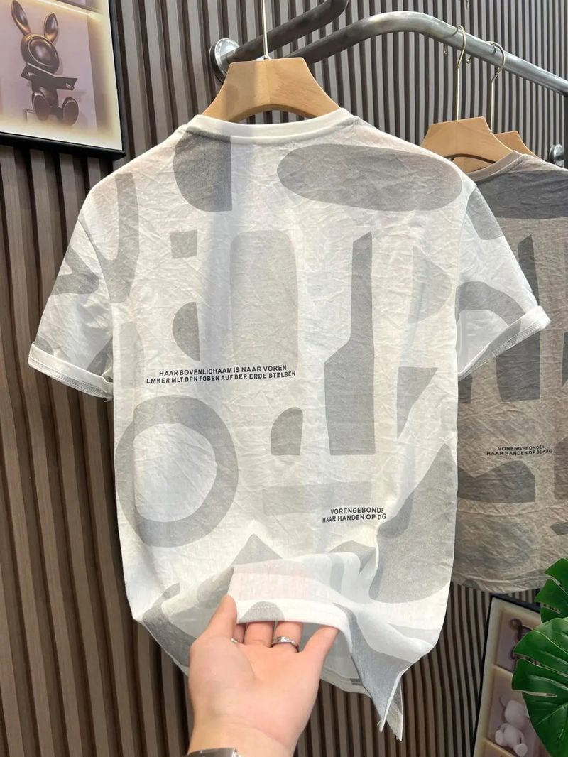 Men's Clothing Ice Silk Cotton And Linen Short Sleeved T Shirt Men's Summer New Round Neck Youth Personality Printing Slim Casual Half Sleeved Men_voghion.com