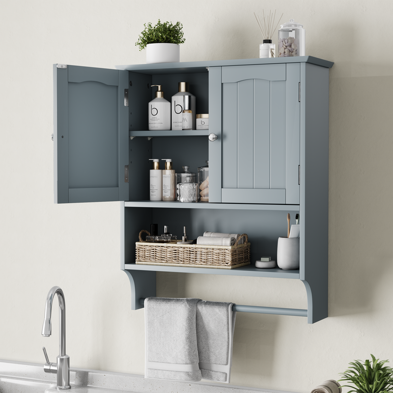 Badezimmer-Wandschrank Mit Handtuchhalter, 2 Türen und Offenen Regalen, Medizinschrank_voghion.com