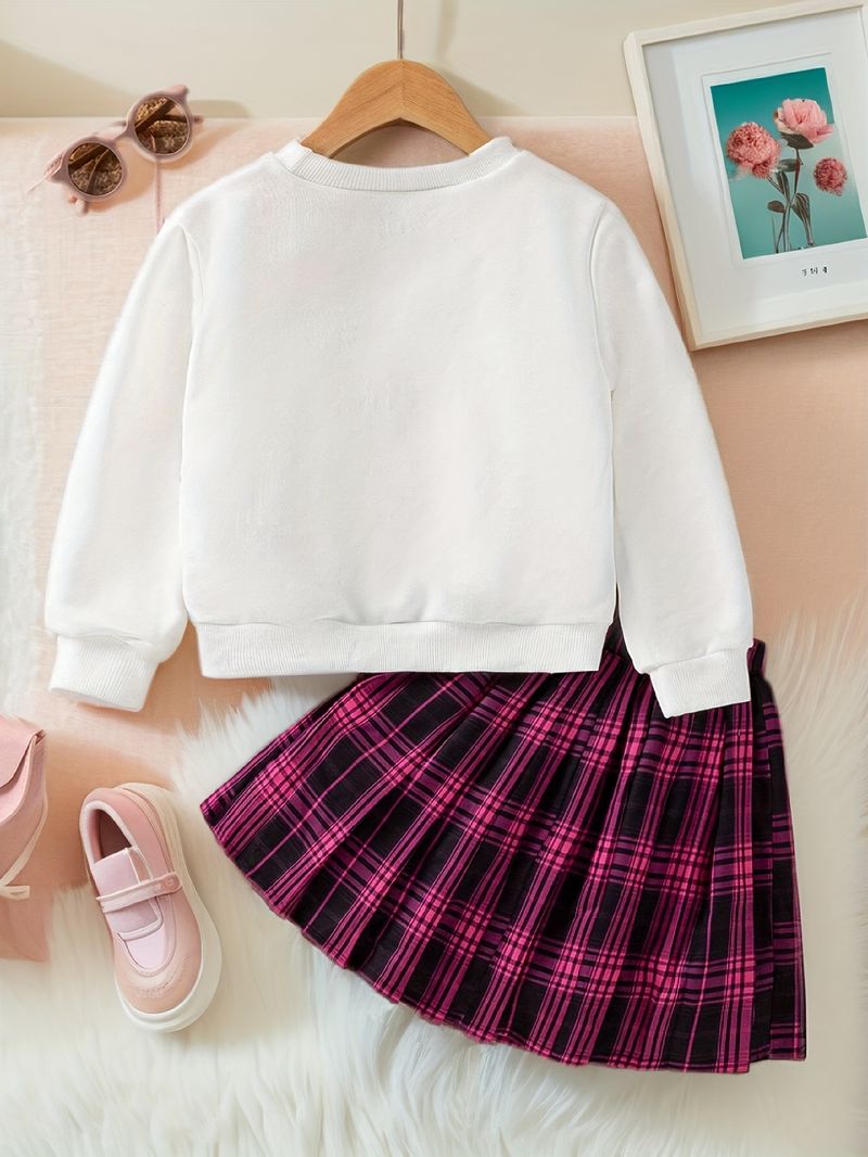 Mutter & Kinder INS Cool Girl Druckmuster Mittlere und große Kinder Mädchen Plaid Rock Rundhals Pullover Anzug_voghion.com