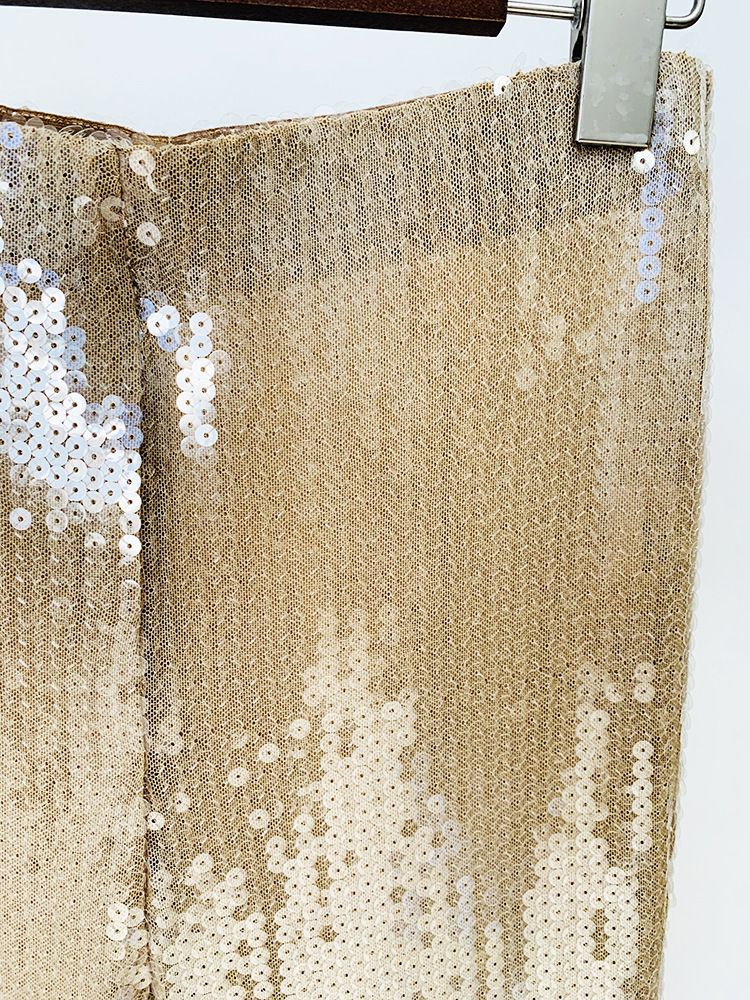 Ropa de mujer, moda estrella, mangas trompeta divididas, camisa de malla con cuentas y lentejuelas transparentes, pantalones acampanados_voghion.com