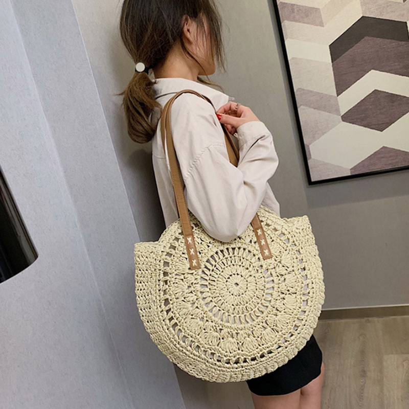 Estate per le donne Borse a tracolla in paglia Borsa da spiaggia all'uncinetto in rafia intrecciata con manico superiore intrecciato in rattan Borse casual 2023_voghion.com