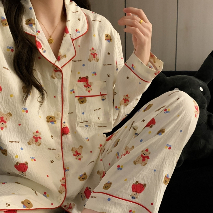 【 Cloud Cotton 】 Wave Point Little Bear Große Größe Nachtwäsche Frühling und Herbst Ärmel Lange Hosen für Mädchen Home Two_voghion.com