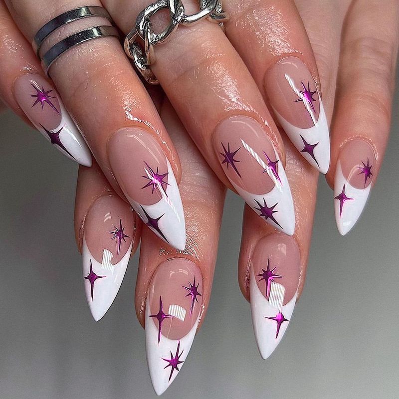 French White Edge Minimalist Sharp Panel Purple Starlight Wearing Nail Press On Nails_voghion.com