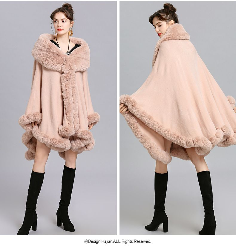 Eleganter Damen-Cape-Mantel mit Kunstpelzkragen – Übergroßer Strickjackenschal für Winter, Frühling und Herbst_voghion.com