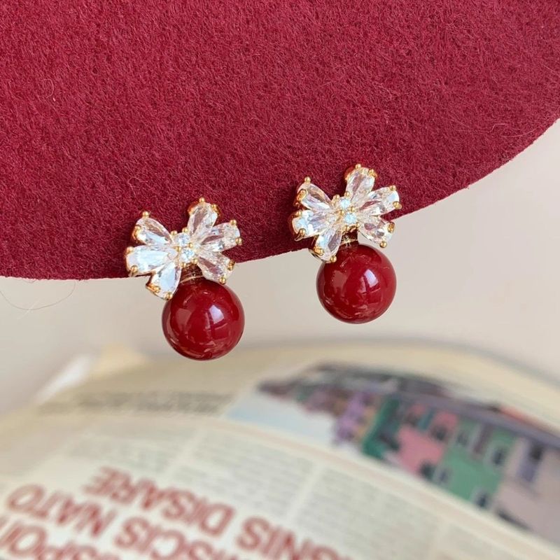 Festive Red Bow Bead Stud Earrings Niche Retro Temperament Earrings_voghion.com