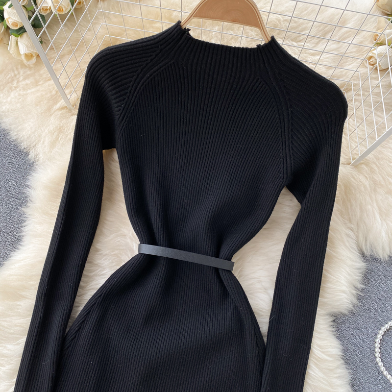 Abito da donna elegante in maglia con cuciture sfumate di colore pieghettato in vita sottile ampio abito altalena da donna nuovo abbigliamento autunnale_voghion.com