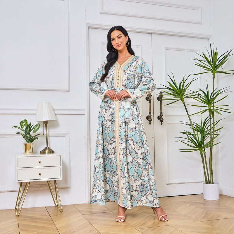Mt094 Abaya Moslim Dames Bedrukt Kleur Geblokt Zacht En Comfortabel Temperament Jurk_voghion.com