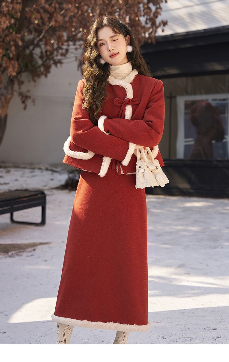 Chinese Two-Piece Set Autumn Winter Little Style Plush Patchwork Jacket + Skirt New Year Battle Robe_voghion.com