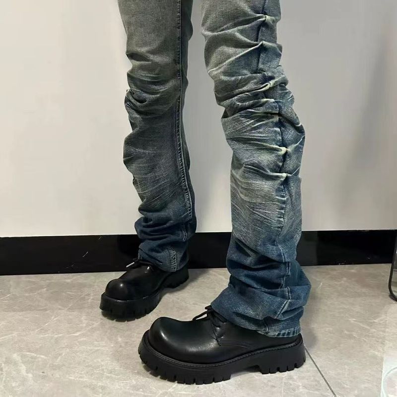 Herrenbekleidung High Street Retro Vintage Buttoned Plissee Scimitar Jeans Herren Straight Slim Casual Pile Pants_voghion.com