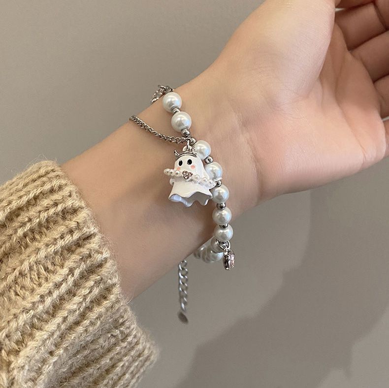 Schwarz-weißes Perlenarmband mit kleinem Geist für Frauen, Accessoires für beste Freunde, minimalistischer Nischenstil, High-End-Süß_voghion.com