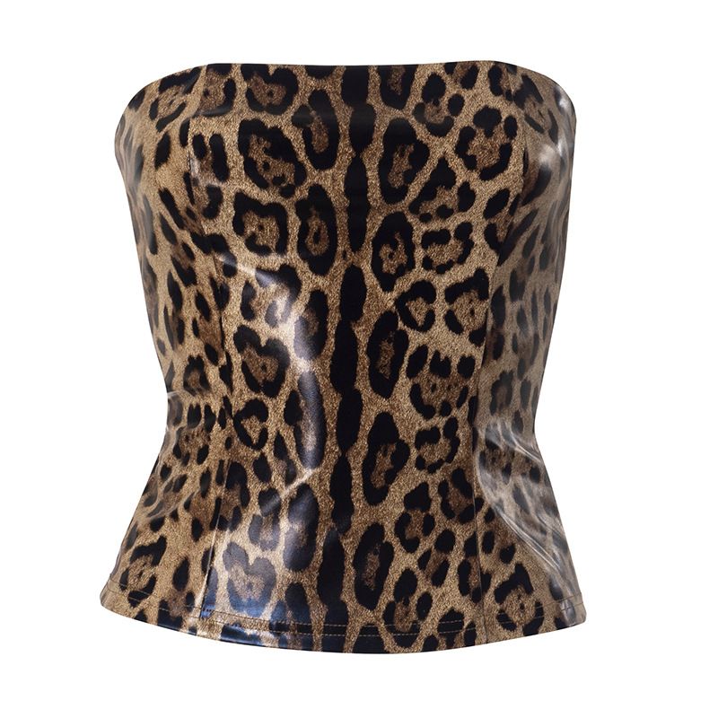 Damkläder Höst- och vintertopp Ärmlös dragkedja Leopardtryck Kort navel med exponerad midja T-shirt_voghion.com
