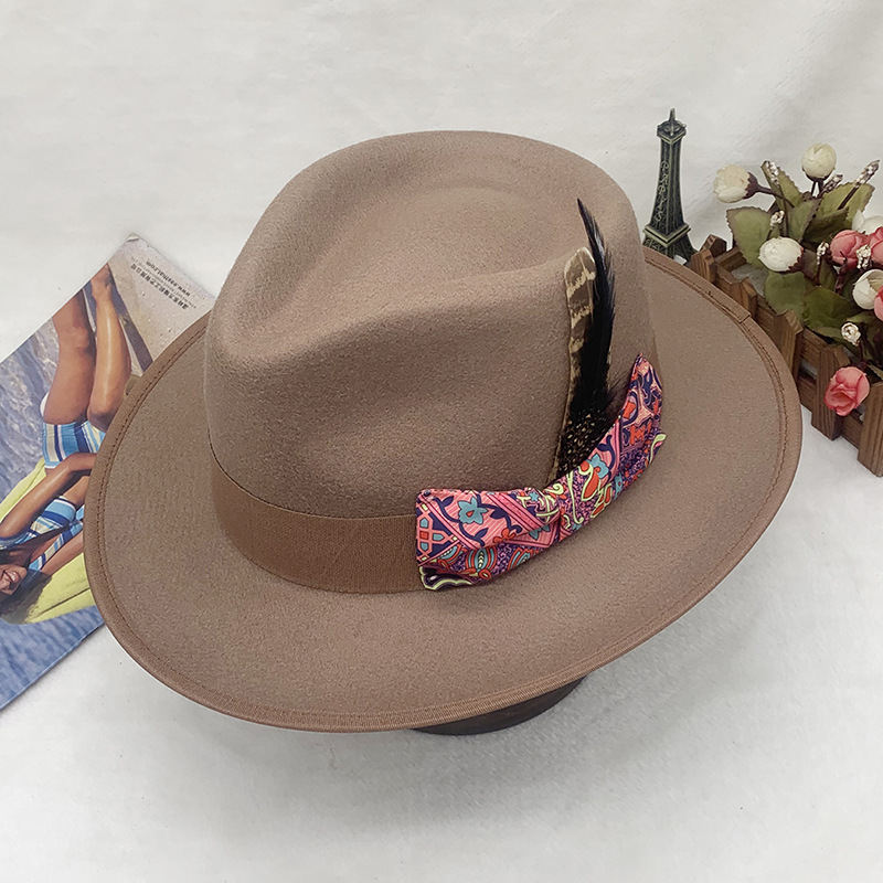 Cappello da jazz in lana con fiocco a fiore da uomo e da donna vendita calda cappello in feltro autunno-inverno cappello a cilindro retrò_voghion.com