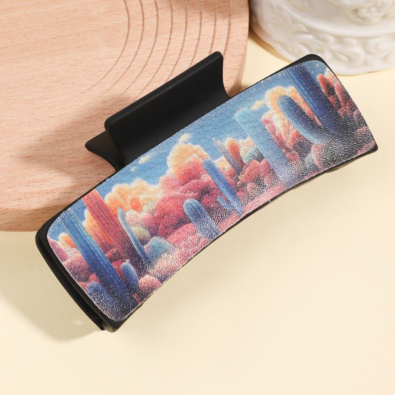 Kaktus-Haarspange aus PU-Leder mit Aufdruck – Wüstenpflanze im Anime-Stil, Krallenklammer für den Hinterkopf – Großer Hai-Clip_voghion.com