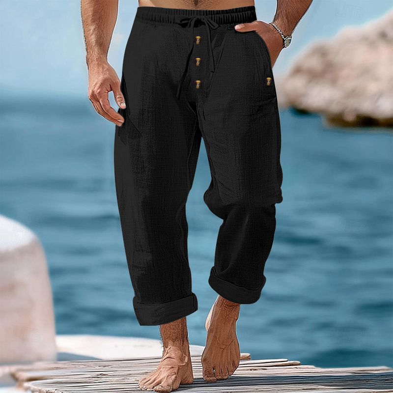 Spring And Autumn American Beach Solid Color Cotton Linen Loose Drawstring Button Casual Pants For Men_voghion.com