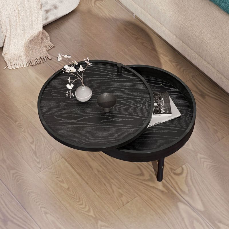 Modern Round Wood Rotating Tray Coffee Table With Storage & Metal Legs_voghion.com