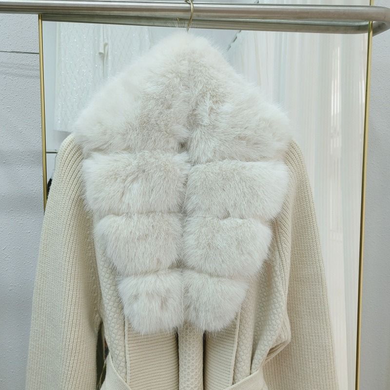 Damenbekleidung: Luxuriöse Strickjacke für Damen mit Kragen aus Kunstfuchspelz – weicher und warmer Pullovermantel mit offener Vorderseite für elegante Freizeitkleidung (Grau, Schwarz)_voghion.com