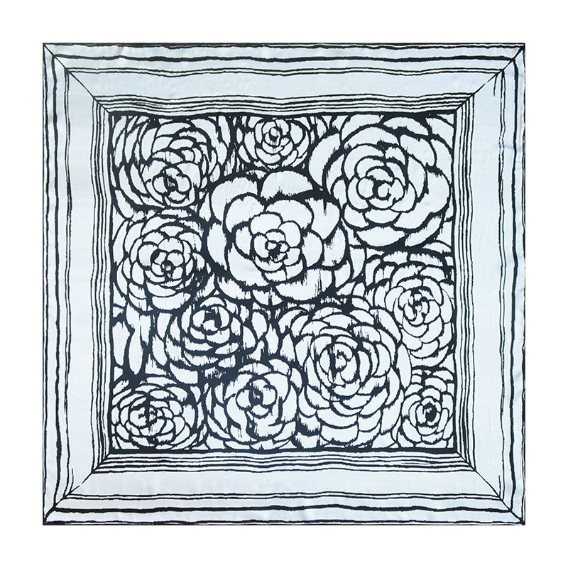 Sciarpa in seta di gelso quadrata grande, elegante, nera e bianca, in raso di crepe di camelia, primavera e autunno, 110 cm_voghion.com