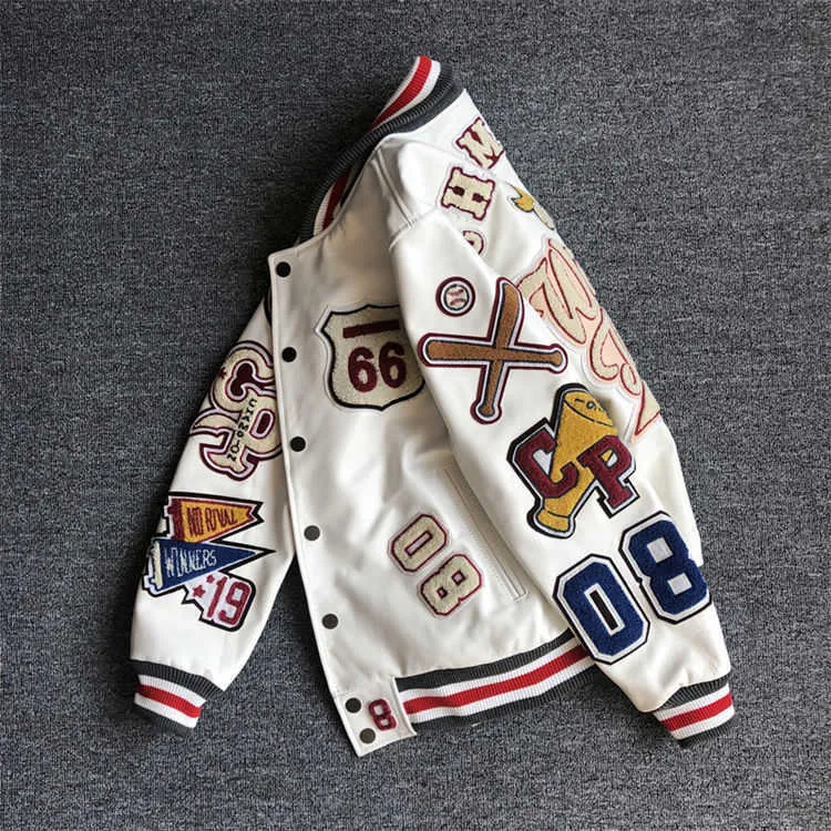 Jacken Neue Herren-Lederjacke im explosiven Stil mit mehreren Buchstaben, weißer Baseball-Trikot, Vintage-Lederjacke, schwere Industrie_voghion.com