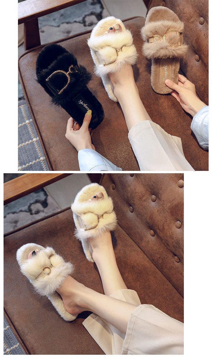 True Rabbit Hair For Female Outwear 2024 Spring And Autumn New Internet Celebrity Fairy Home Flat Bottom Cotton Slippers_voghion.com