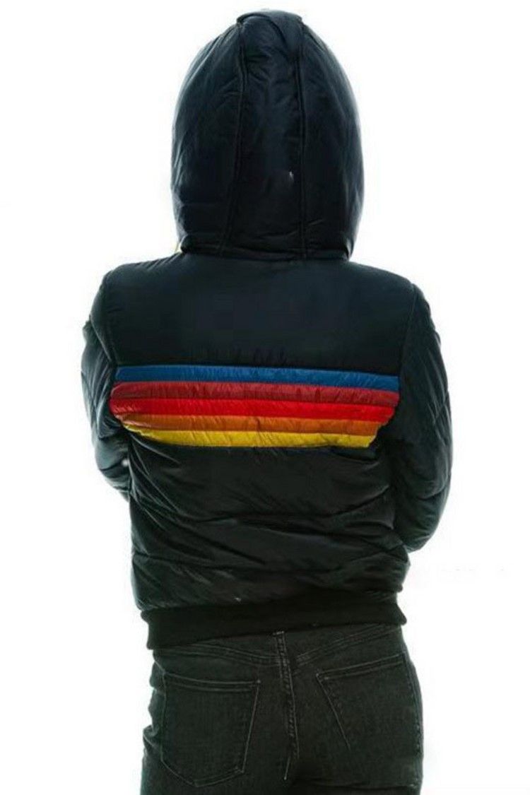 Lässige, kurze Pufferjacke mit Kapuze und Print für Damen – Wintermantel im Farbblockdesign mit Baumwollfüllung, schmale Passform, lange Ärmel, Reißverschluss_voghion.com