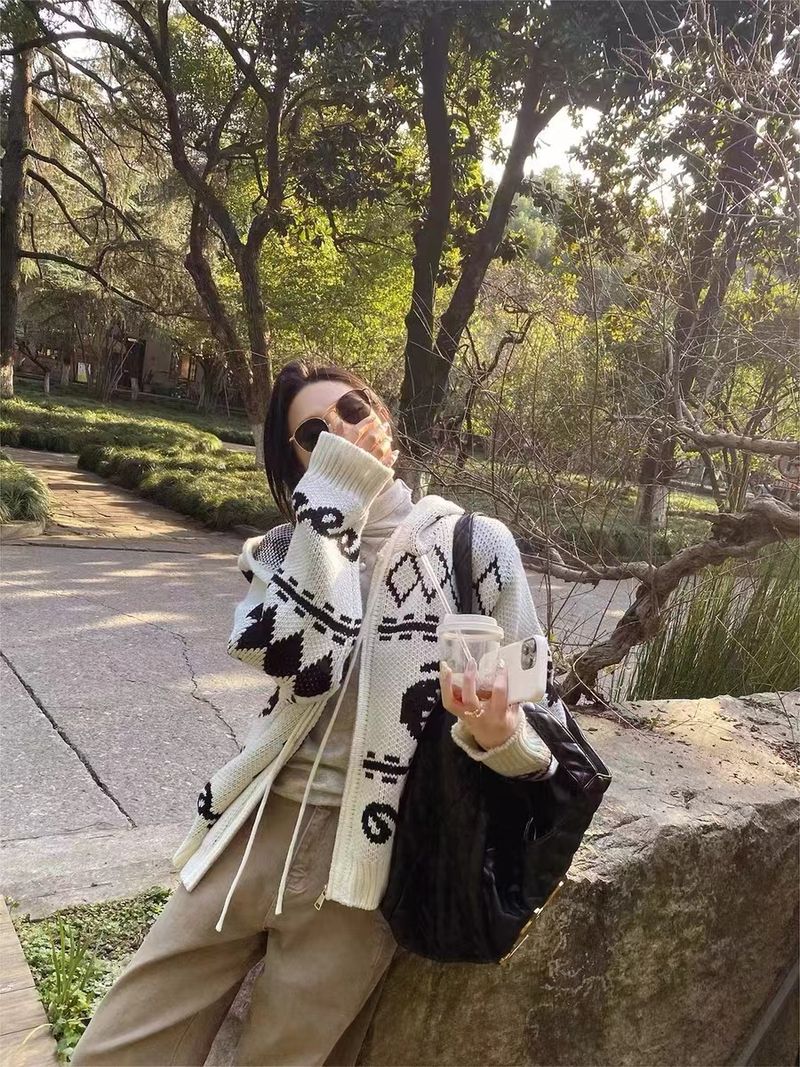 ragazza ragazza ragazza 2025 autunno inverno retrò jacquard color-block maglione con cappuccio cappotto per le donne, stile pigro cerniera allentata maglia cardigan,_voghion.com