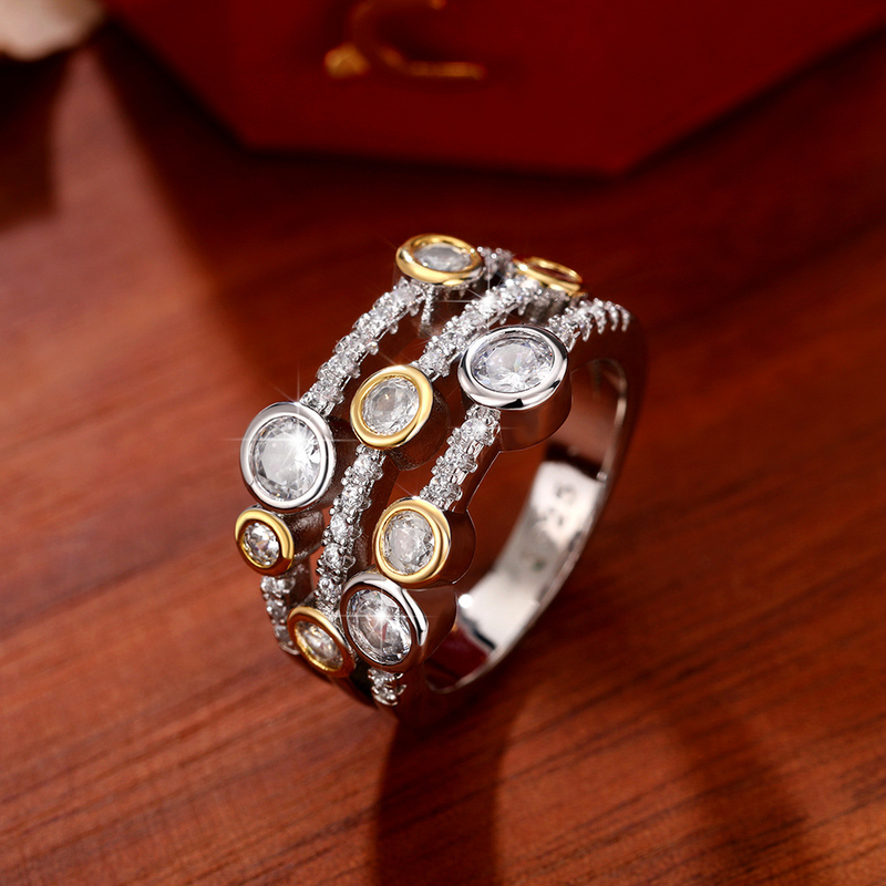 Zweifarbiger Zirkonring, hohler geometrischer Linienpunkt-Diamantring, farbiger Spaltring für Damen_voghion.com