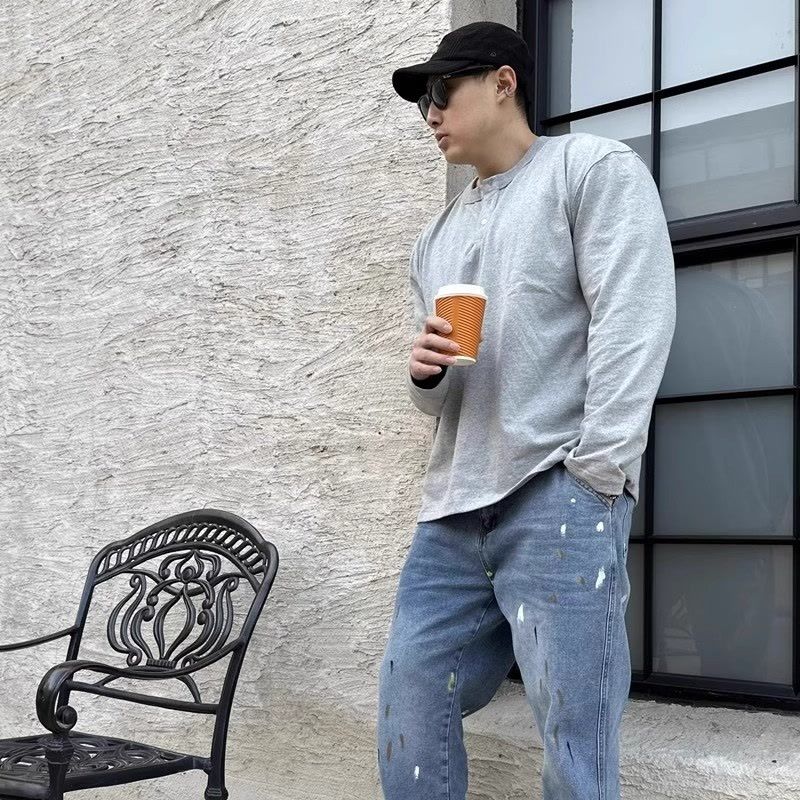 Unbeatable Quality Hardcore Amikaji Henley Collar Long Sleeved T-shirt For Men's Spring Autumn Sports, Simple And Casual Inner Layer Bottom_voghion.com