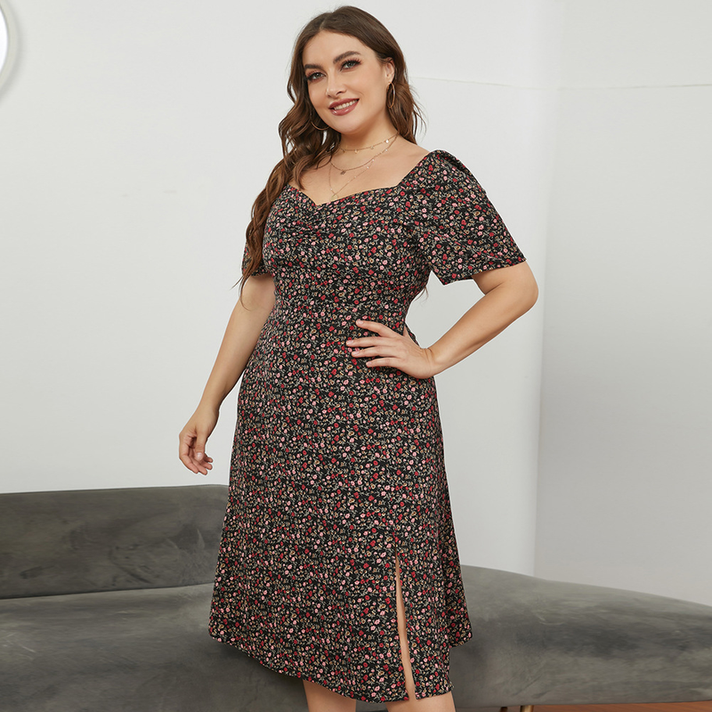 2023 New L Women's French Square Neck Split Waist Long Fragmented Flower Plus size Dresses_voghion.com