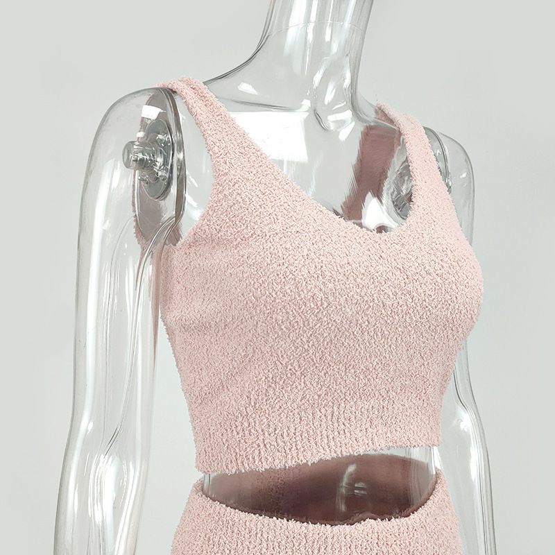 Completo due pezzi da donna casual alla moda, con maglione, scollo a V, gilet e pantaloni con ombelico scoperto_voghion.com