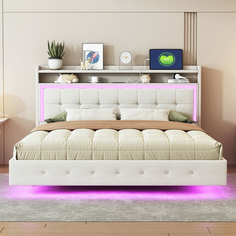 Polsterbett 160x200cm Con USB, LED, Fuochi Versteckten, Leinenstoff Beige_voghion.com